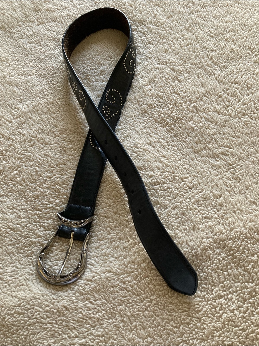 Brighton Black Leather Belt with Decorative Scrolled Silver Studs and Buckle